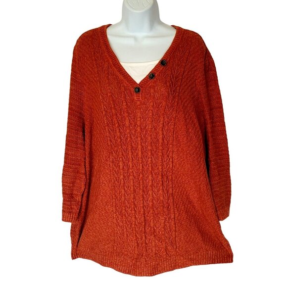 Cj Banks Sweater Womens 2X Rust Cable Knit Button Detail V-Neck 3/4 Sleeve Ramie - Picture 2 of 7